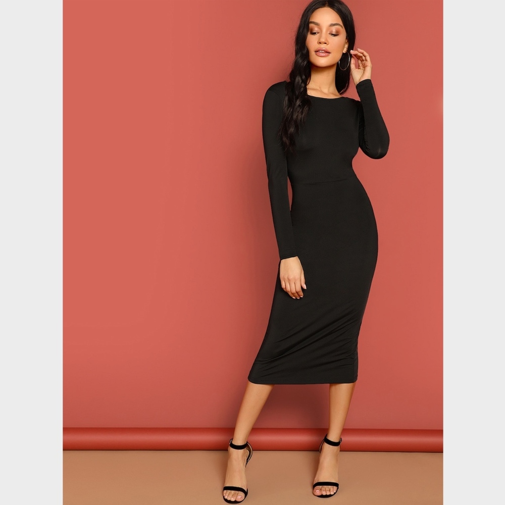 Lace Detail Backless Black Midi Pencil Dress - Picture 2 of 9